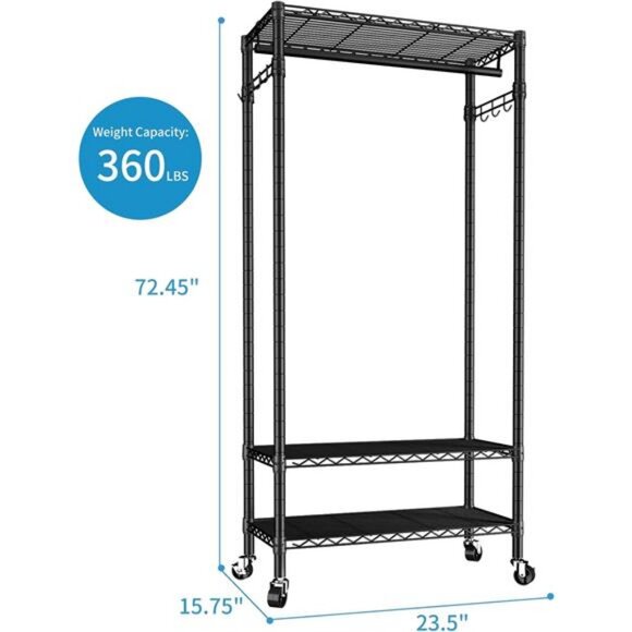 Heavy Duty Clothes Rack Rolling Garment Rack,3 Tier Adjustable Wire Shelving - Picture 4 of 7